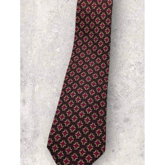HERMÈS Silk Tie FRANCE 7331 EA Burgundy Green Geometric Monogram H W:3.4" EUC - Picture 6 of 6